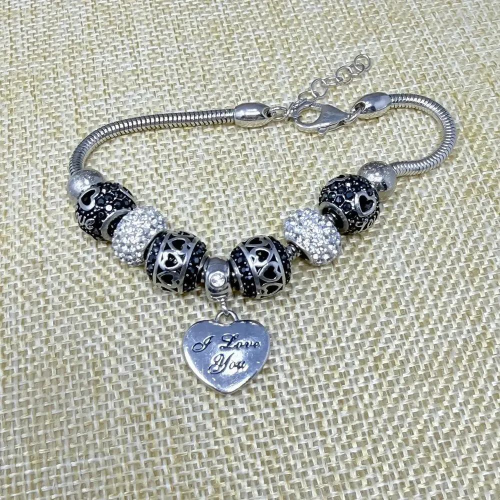 Sterling Silver Fiora Italy Love Charm Bracelet Black White Rhinestone 7 inch